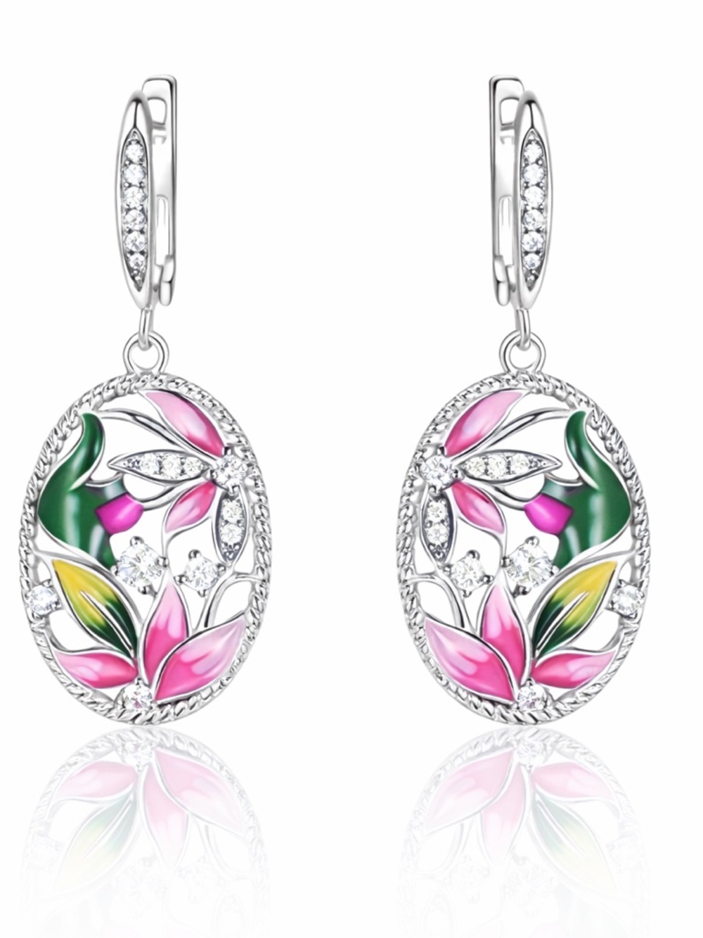 Hand Painted Crystal & Enamel Dangle Earrings